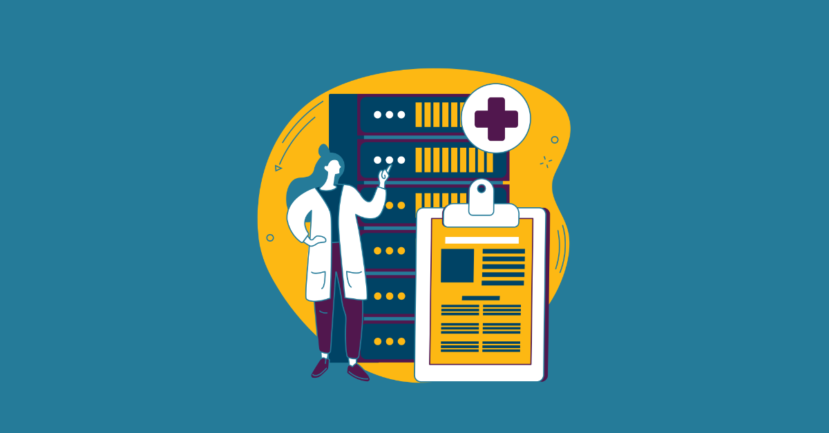 A graphic depicting healthcare data and technology by showing a doctor, database, clipboard, and plus sign symbol