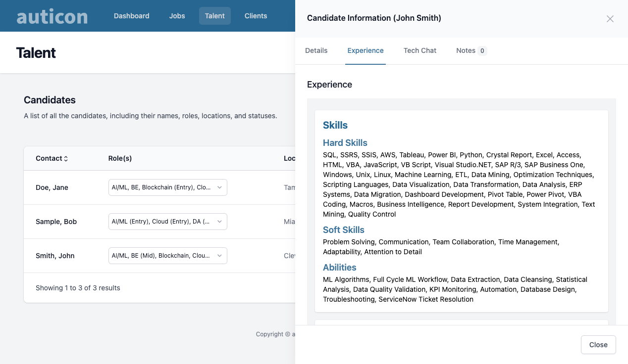 A sample candidate profile in auticon's ATS, including contact information, hard skills and soft skills