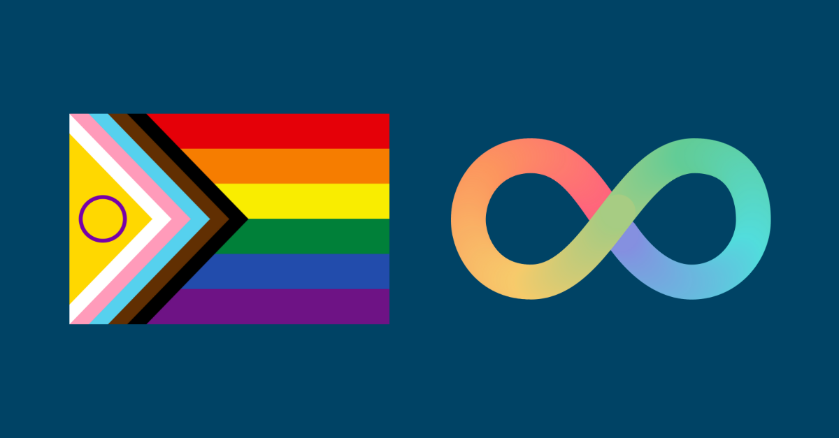 The LGBTQIA+ pride flag next to a rainbow infinity symbol representing neurodiversity