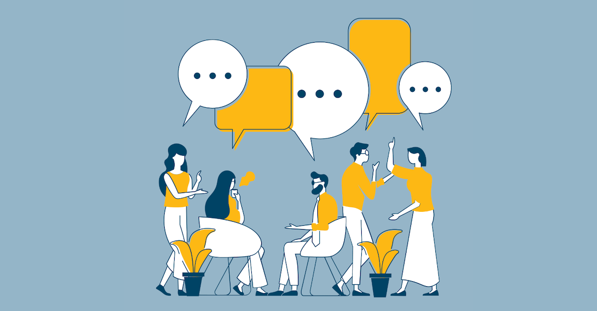 A cartoon graphic depicting several colleagues having conversations